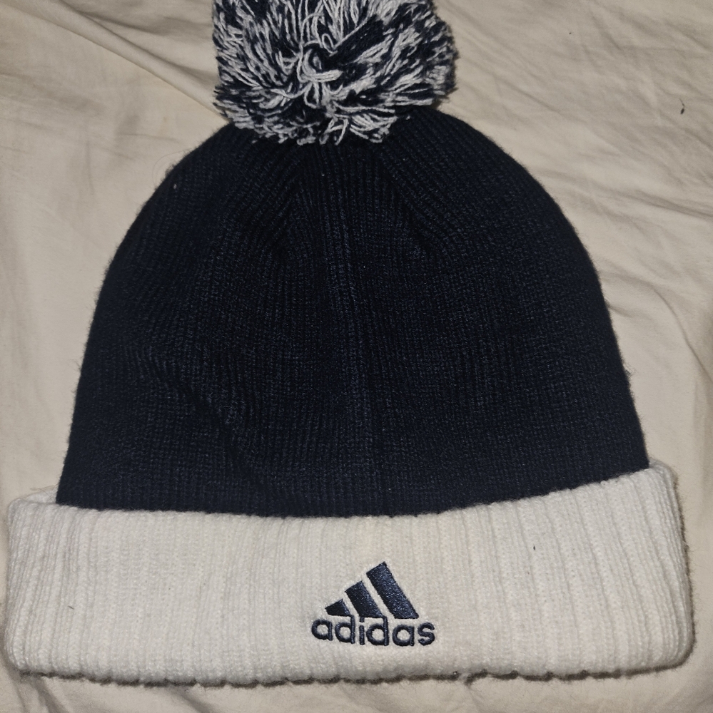 Adidas Mens Dark Blue and White Beanie with Pom-Pom